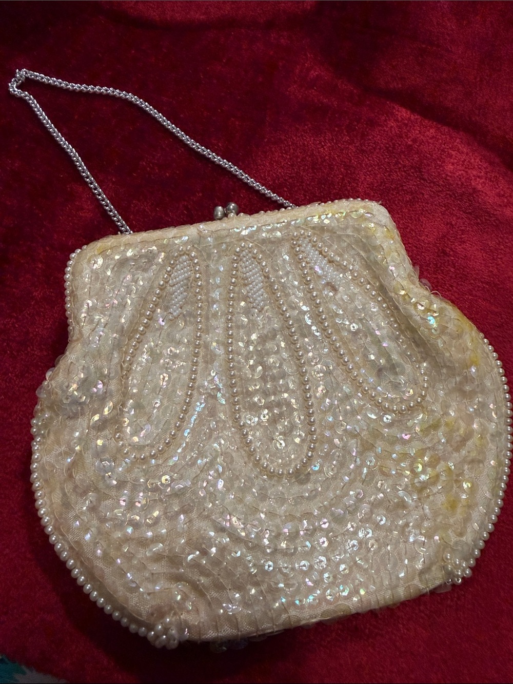 Vintage from Japan Beaded Ivory Evening Bag Pearl Trim good condition see pics